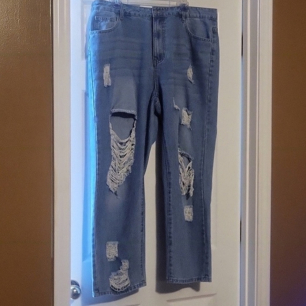 Light Blue Ripped Straight Leg Jeans